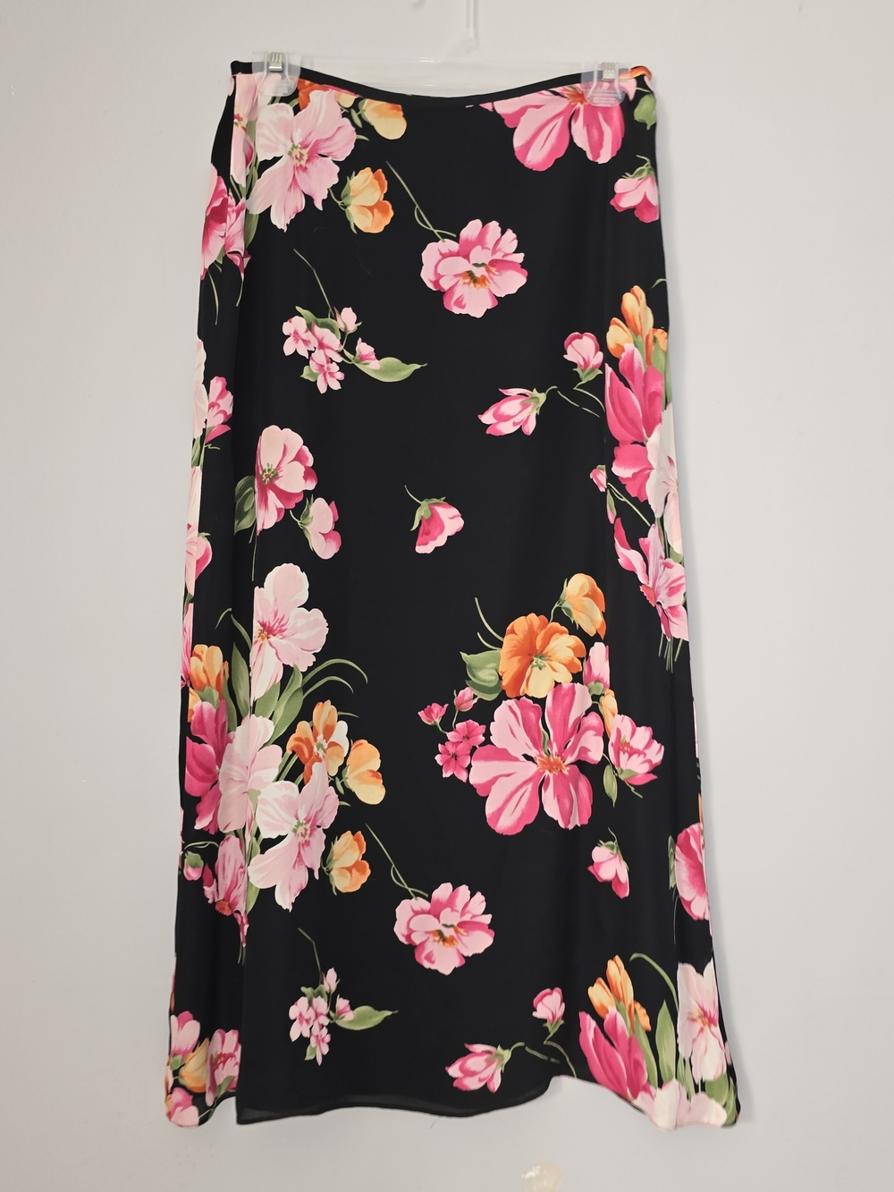 Black Floral Maxi Skirt with Pink & Orange Blooms